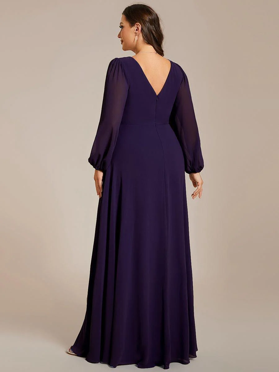 ever ESMÉE|Pleated Double V-Neck Long Sleeves Shiny Belt Chiffon Evening Dress - Image 24