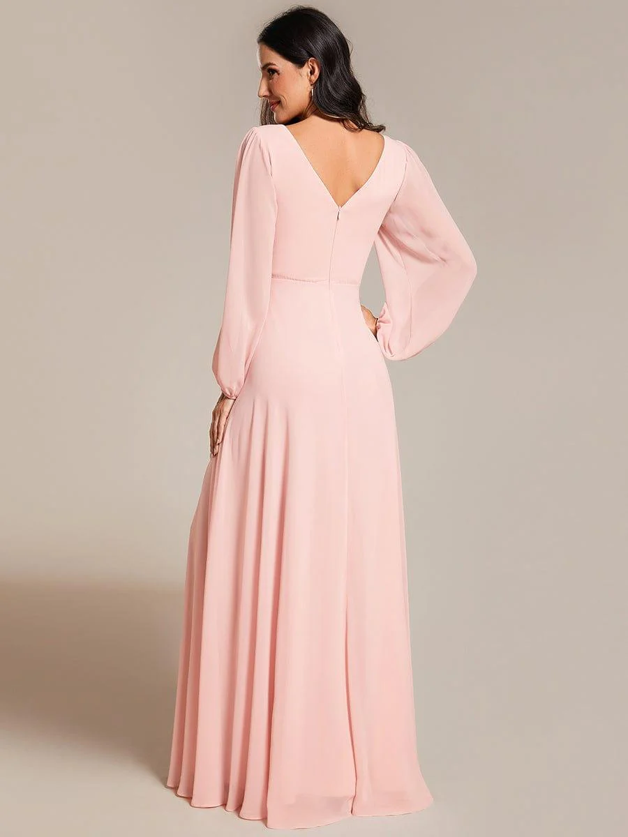 ever ESMÉE|Pleated Double V-Neck Long Sleeves Shiny Belt Chiffon Evening Dress - Image 26
