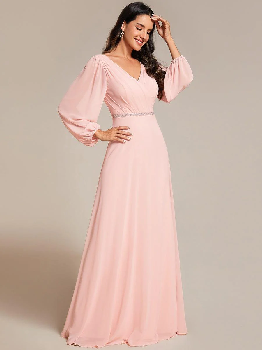 ever ESMÉE|Pleated Double V-Neck Long Sleeves Shiny Belt Chiffon Evening Dress - Image 28