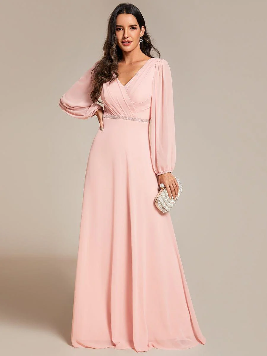 ever ESMÉE|Pleated Double V-Neck Long Sleeves Shiny Belt Chiffon Evening Dress - Image 29