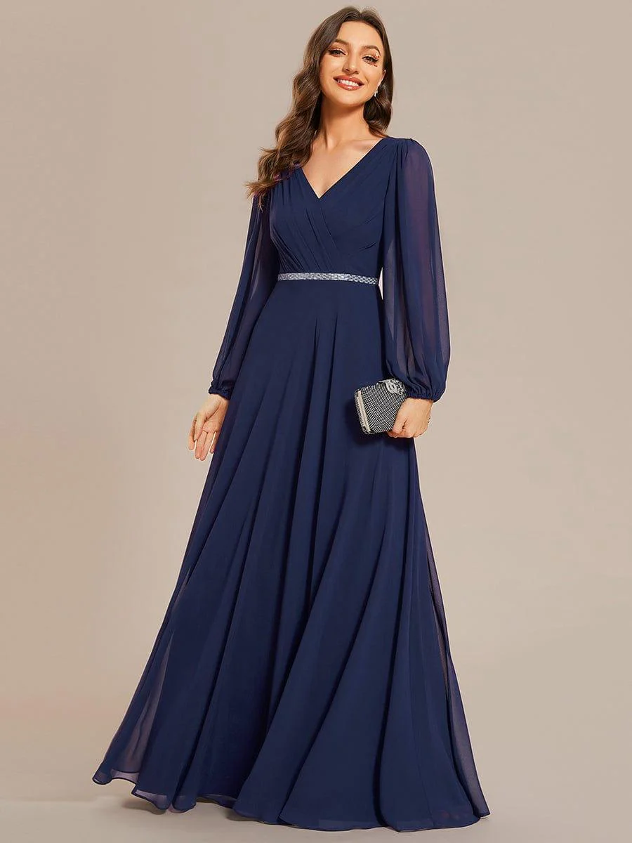 ever ESMÉE|Pleated Double V-Neck Long Sleeves Shiny Belt Chiffon Evening Dress - Image 3
