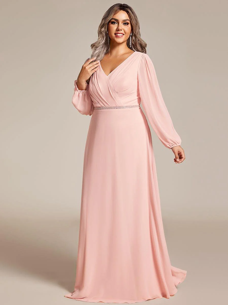 ever ESMÉE|Pleated Double V-Neck Long Sleeves Shiny Belt Chiffon Evening Dress - Image 30