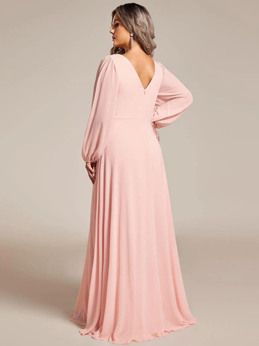 ever ESMÉE|Pleated Double V-Neck Long Sleeves Shiny Belt Chiffon Evening Dress - Image 31