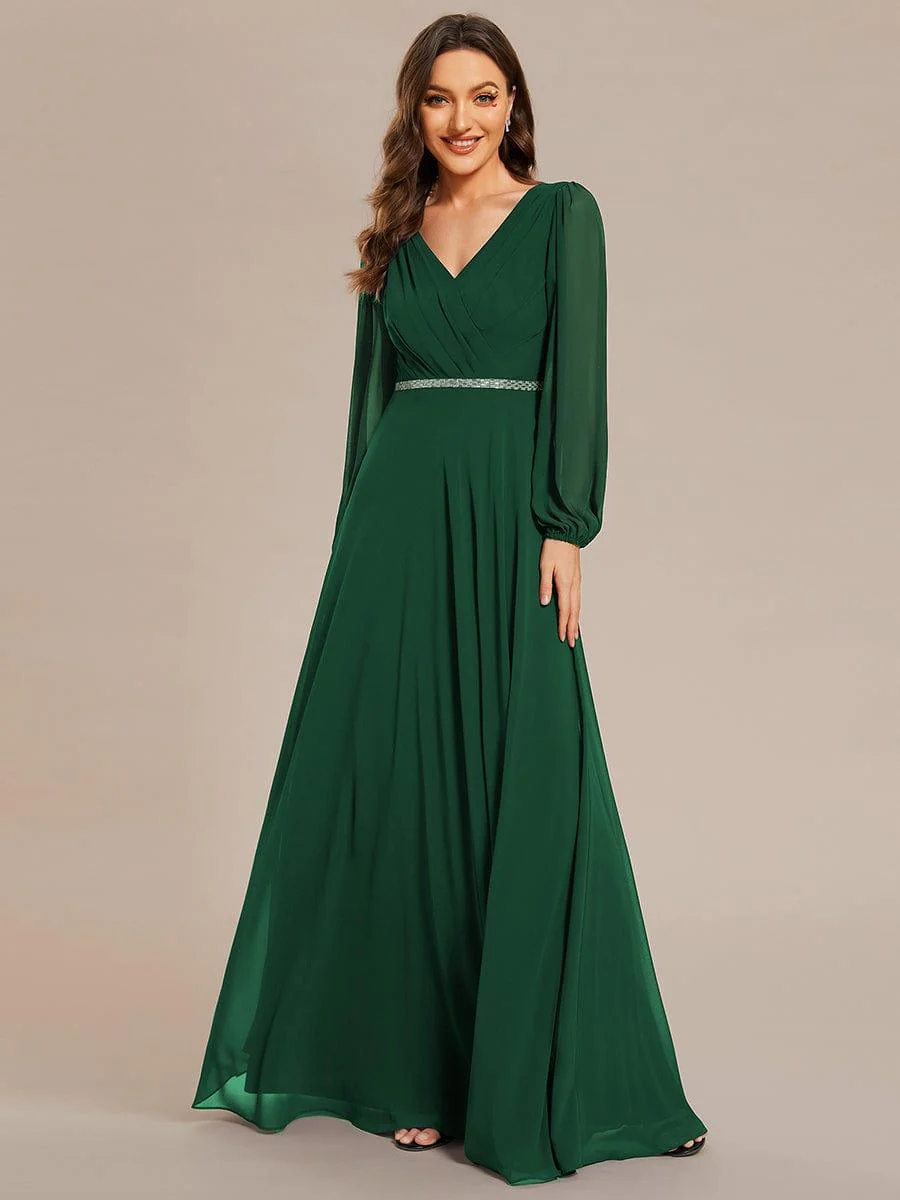 ever ESMÉE|Pleated Double V-Neck Long Sleeves Shiny Belt Chiffon Evening Dress - Image 33