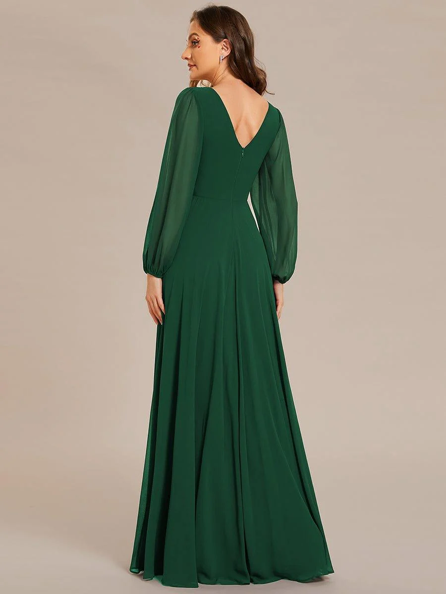 ever ESMÉE|Pleated Double V-Neck Long Sleeves Shiny Belt Chiffon Evening Dress - Image 34