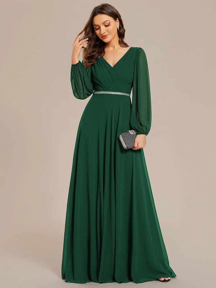 ever ESMÉE|Pleated Double V-Neck Long Sleeves Shiny Belt Chiffon Evening Dress - Image 36