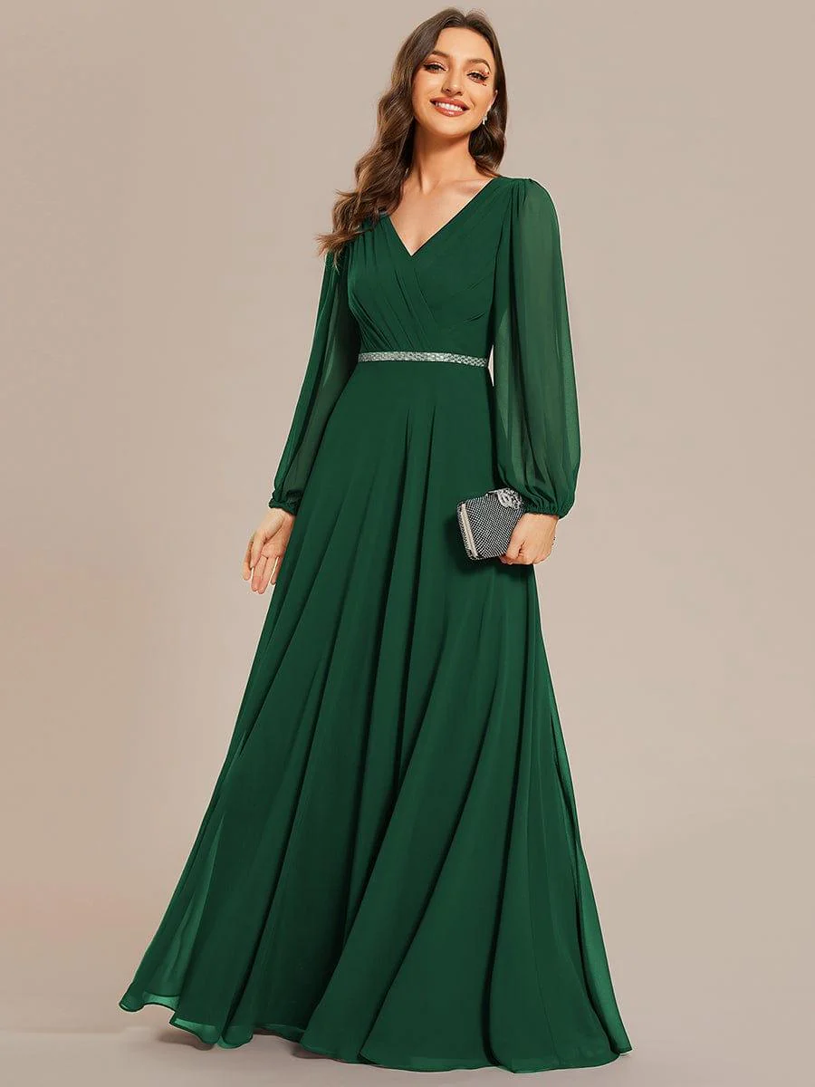 ever ESMÉE|Pleated Double V-Neck Long Sleeves Shiny Belt Chiffon Evening Dress - Image 37
