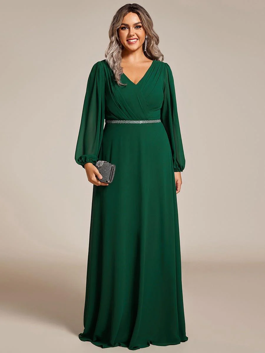 ever ESMÉE|Pleated Double V-Neck Long Sleeves Shiny Belt Chiffon Evening Dress - Image 38