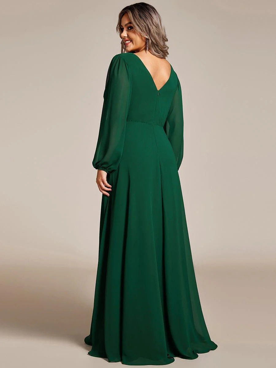 ever ESMÉE|Pleated Double V-Neck Long Sleeves Shiny Belt Chiffon Evening Dress - Image 39
