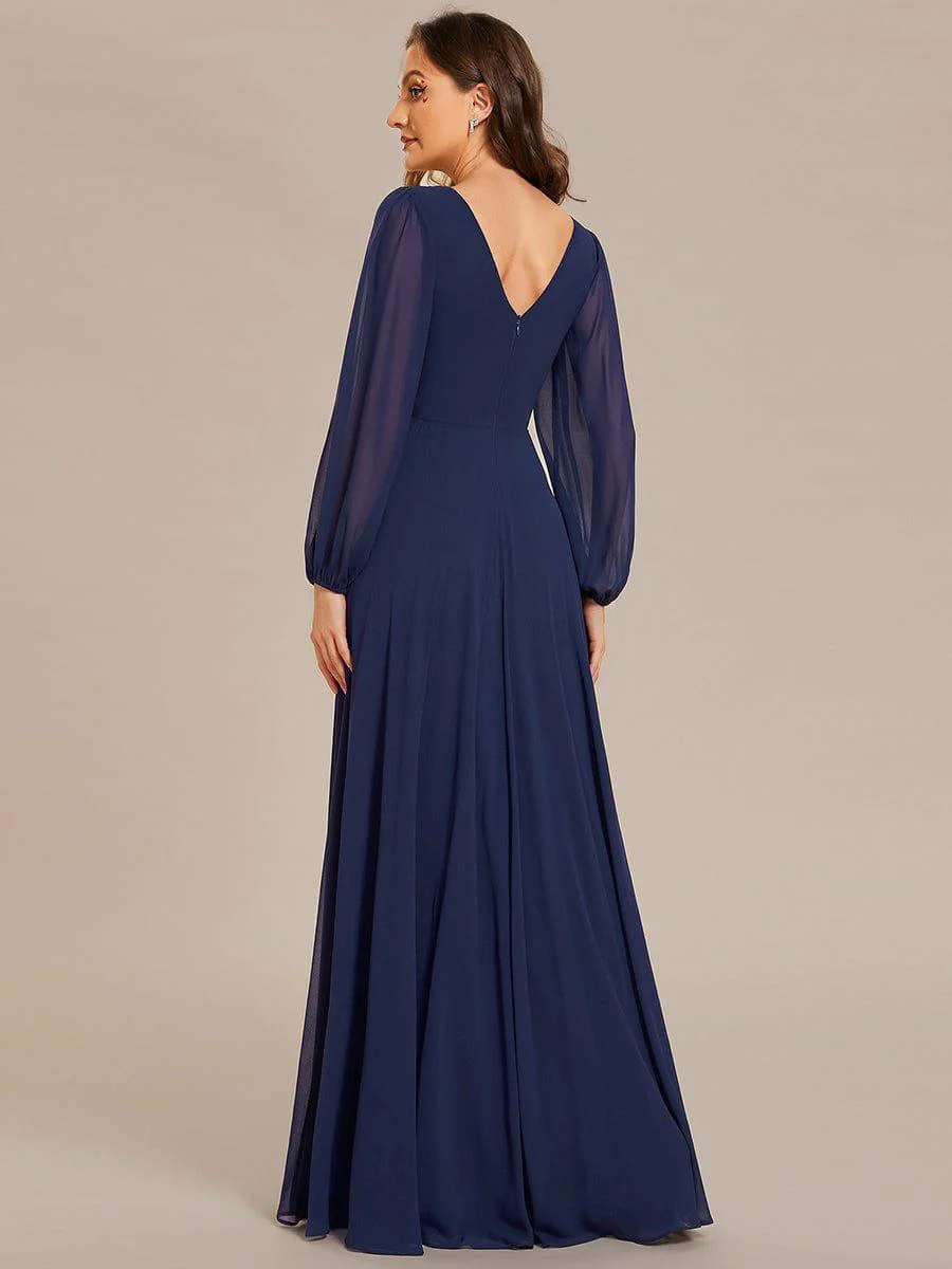 ever ESMÉE|Pleated Double V-Neck Long Sleeves Shiny Belt Chiffon Evening Dress - Image 4