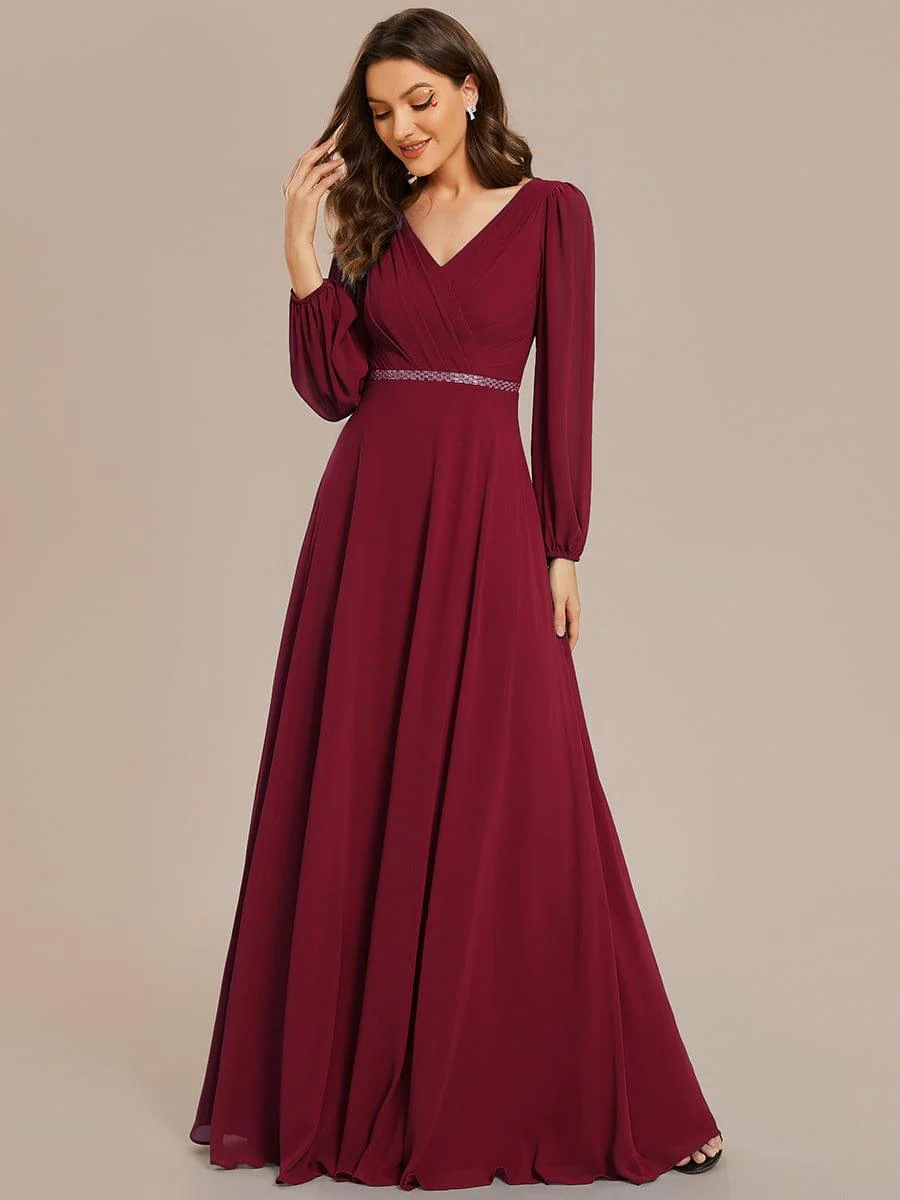 ever ESMÉE|Pleated Double V-Neck Long Sleeves Shiny Belt Chiffon Evening Dress - Image 41