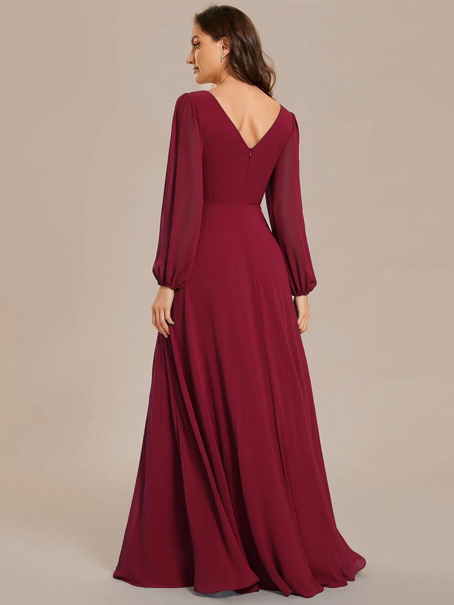 ever ESMÉE|Pleated Double V-Neck Long Sleeves Shiny Belt Chiffon Evening Dress - Image 42