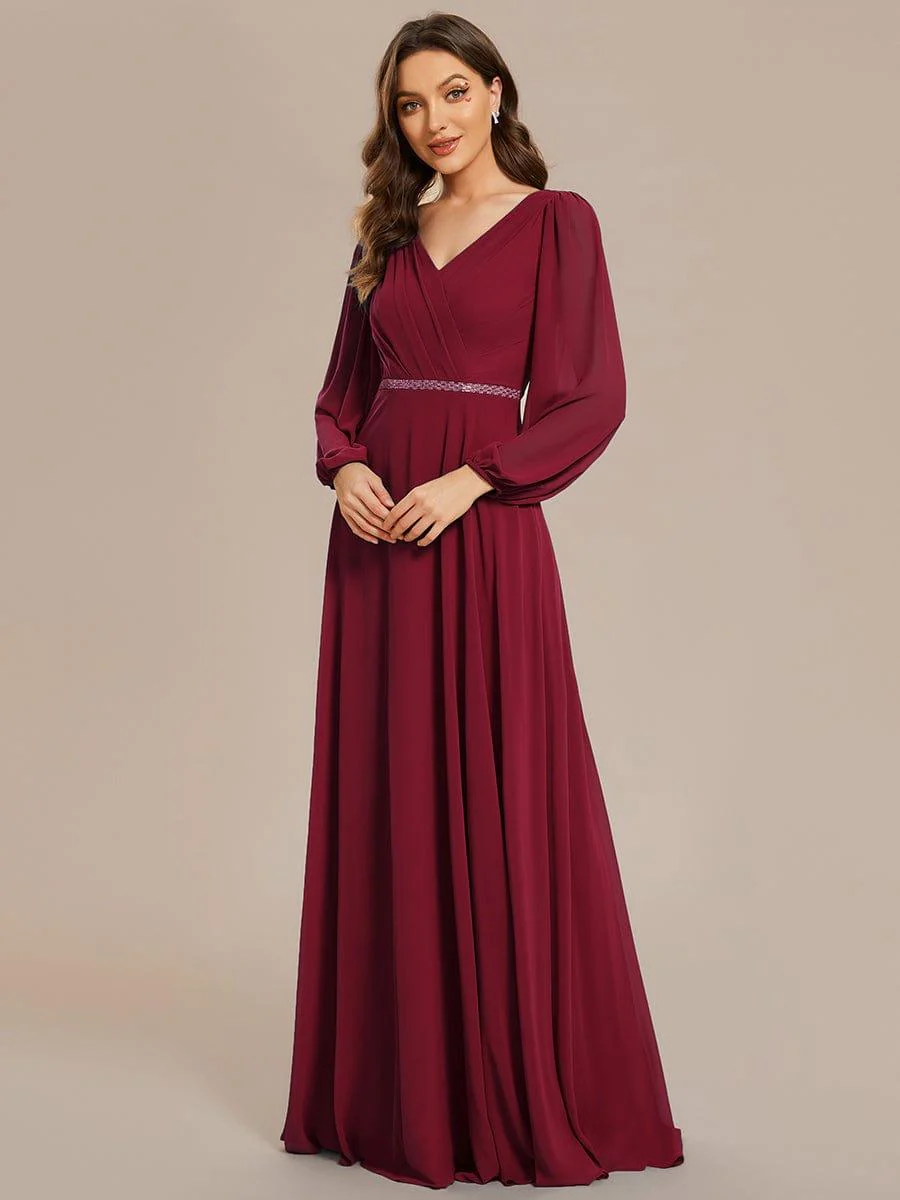 ever ESMÉE|Pleated Double V-Neck Long Sleeves Shiny Belt Chiffon Evening Dress - Image 44