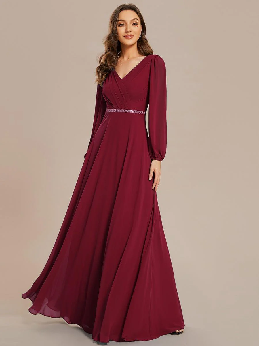 ever ESMÉE|Pleated Double V-Neck Long Sleeves Shiny Belt Chiffon Evening Dress - Image 45