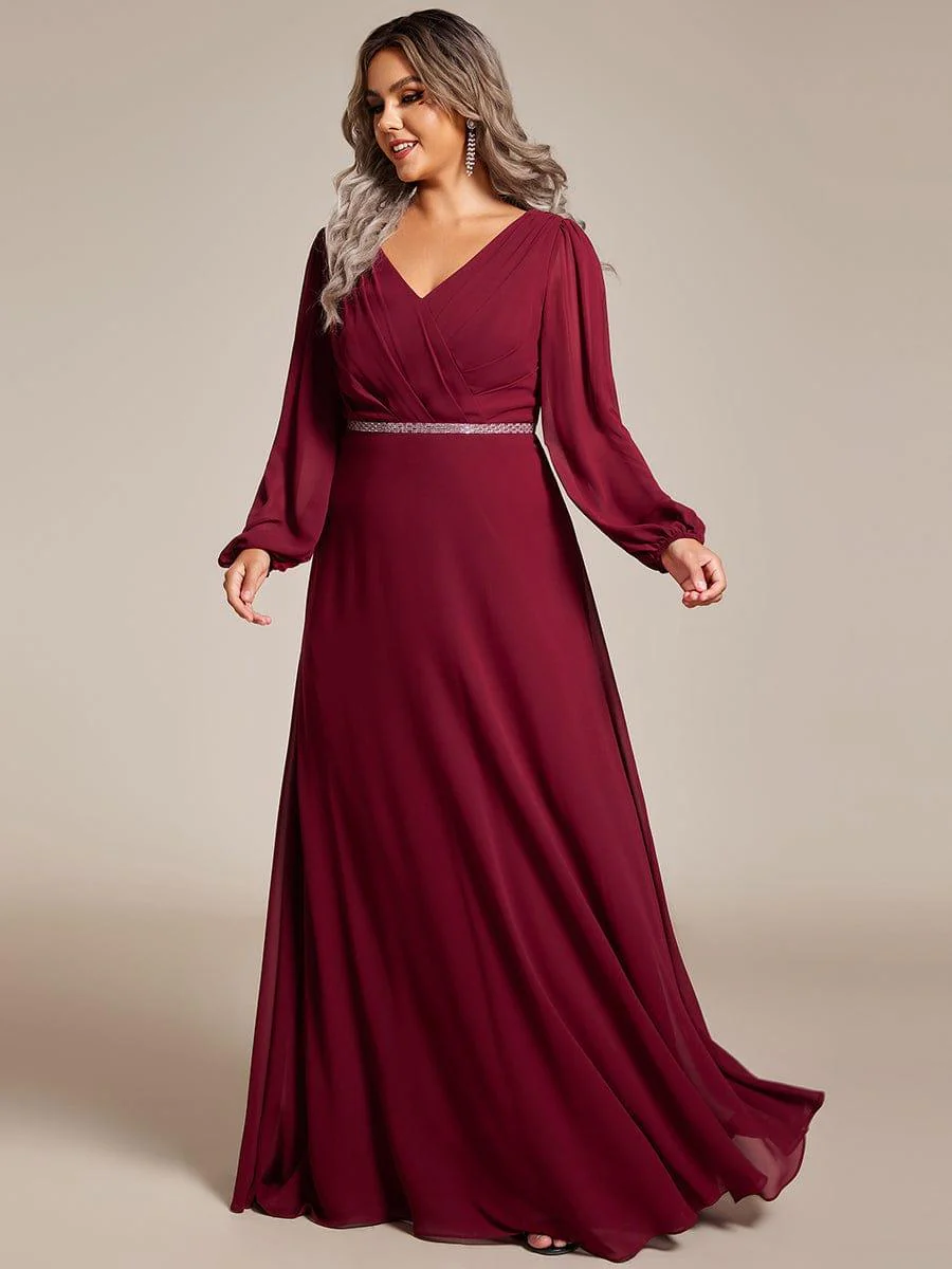 ever ESMÉE|Pleated Double V-Neck Long Sleeves Shiny Belt Chiffon Evening Dress - Image 46