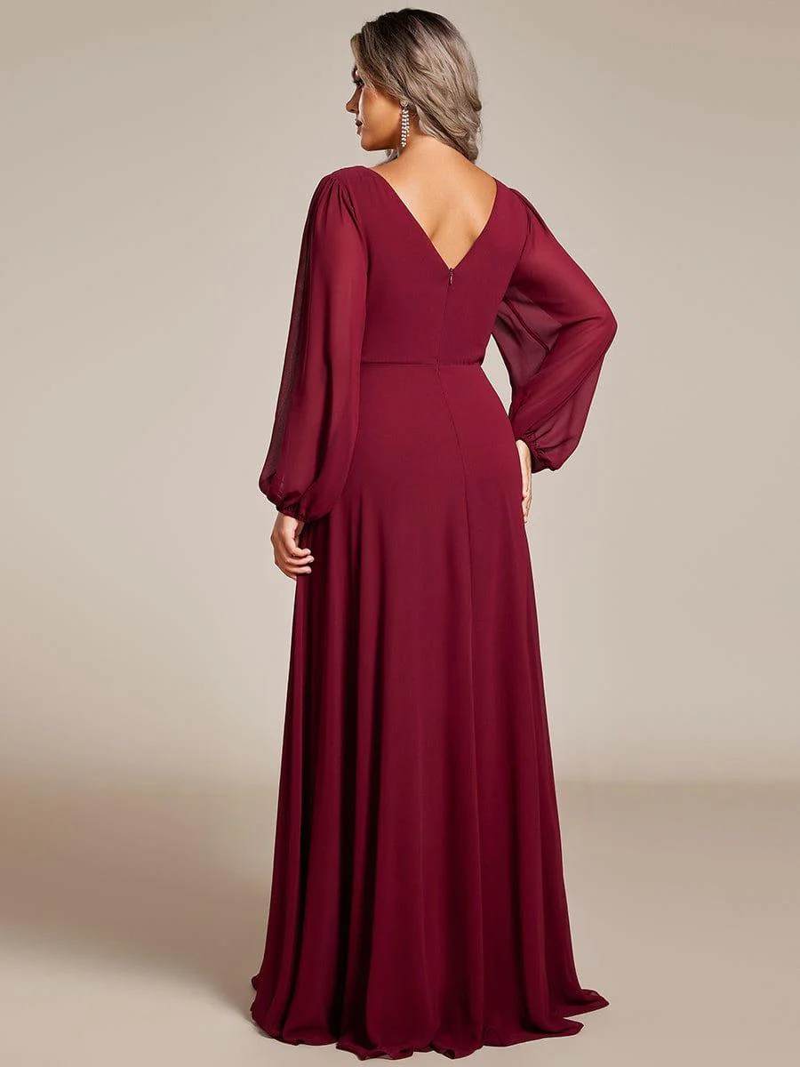 ever ESMÉE|Pleated Double V-Neck Long Sleeves Shiny Belt Chiffon Evening Dress - Image 47