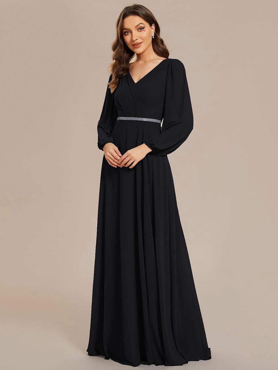 ever ESMÉE|Pleated Double V-Neck Long Sleeves Shiny Belt Chiffon Evening Dress - Image 49