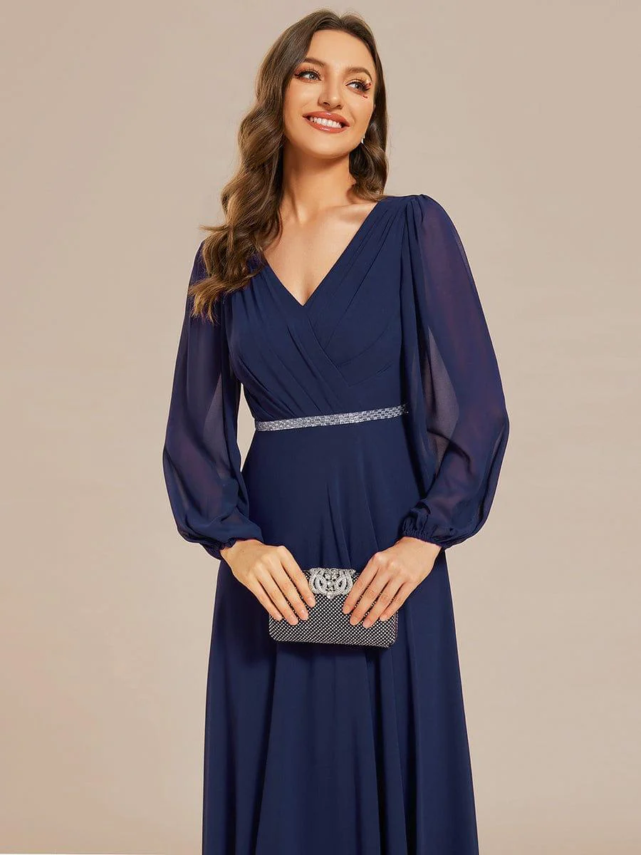 ever ESMÉE|Pleated Double V-Neck Long Sleeves Shiny Belt Chiffon Evening Dress - Image 5
