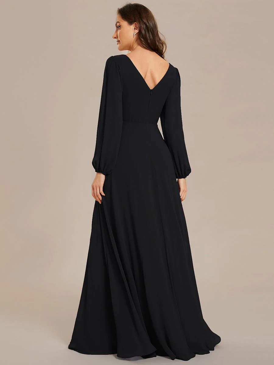 ever ESMÉE|Pleated Double V-Neck Long Sleeves Shiny Belt Chiffon Evening Dress - Image 50