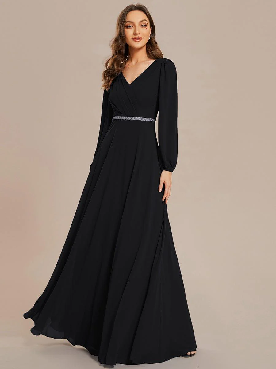 ever ESMÉE|Pleated Double V-Neck Long Sleeves Shiny Belt Chiffon Evening Dress - Image 52