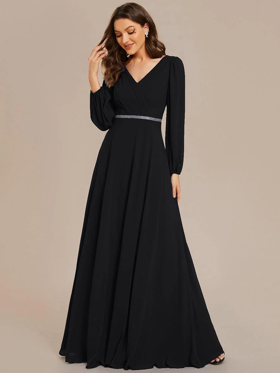 ever ESMÉE|Pleated Double V-Neck Long Sleeves Shiny Belt Chiffon Evening Dress - Image 53