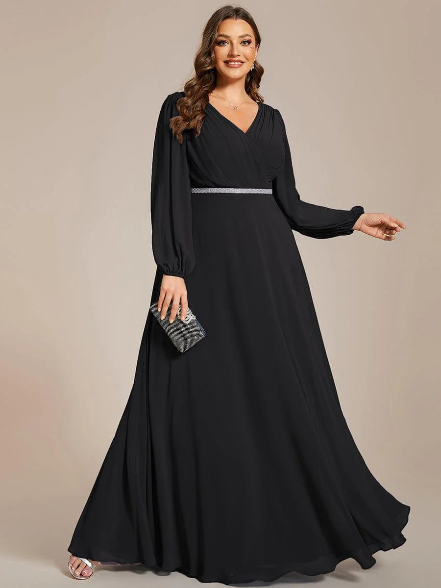 ever ESMÉE|Pleated Double V-Neck Long Sleeves Shiny Belt Chiffon Evening Dress - Image 54