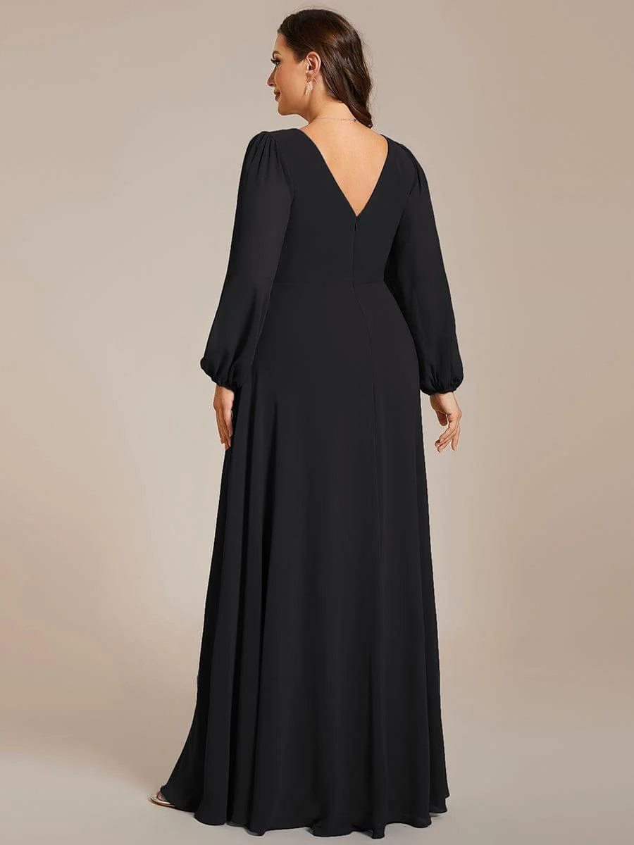 ever ESMÉE|Pleated Double V-Neck Long Sleeves Shiny Belt Chiffon Evening Dress - Image 55
