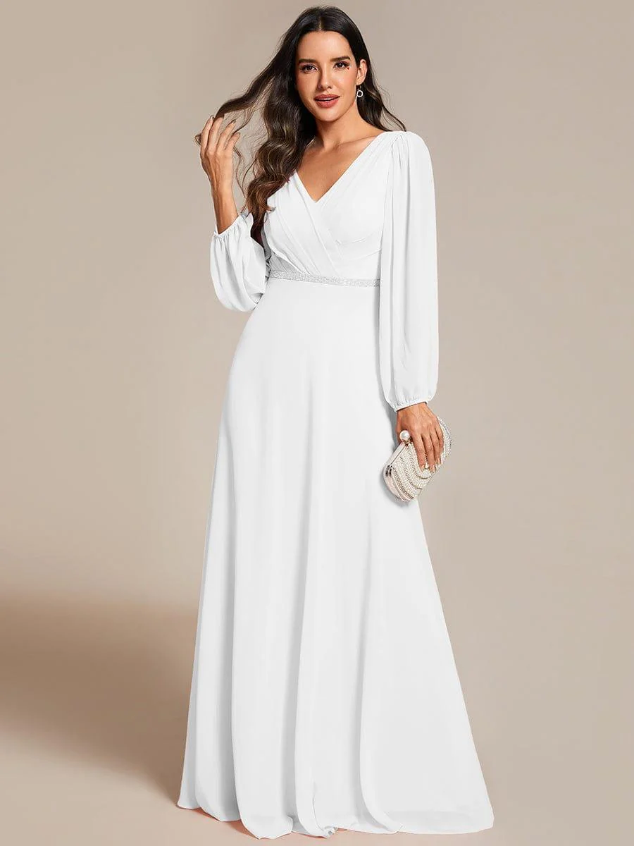 ever ESMÉE|Pleated Double V-Neck Long Sleeves Shiny Belt Chiffon Evening Dress - Image 57
