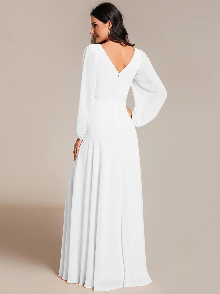 ever ESMÉE|Pleated Double V-Neck Long Sleeves Shiny Belt Chiffon Evening Dress - Image 58