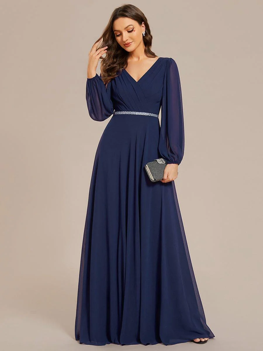 ever ESMÉE|Pleated Double V-Neck Long Sleeves Shiny Belt Chiffon Evening Dress - Image 6