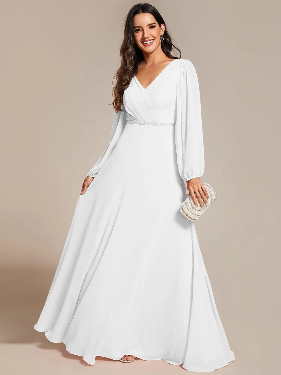 ever ESMÉE|Pleated Double V-Neck Long Sleeves Shiny Belt Chiffon Evening Dress - Image 60