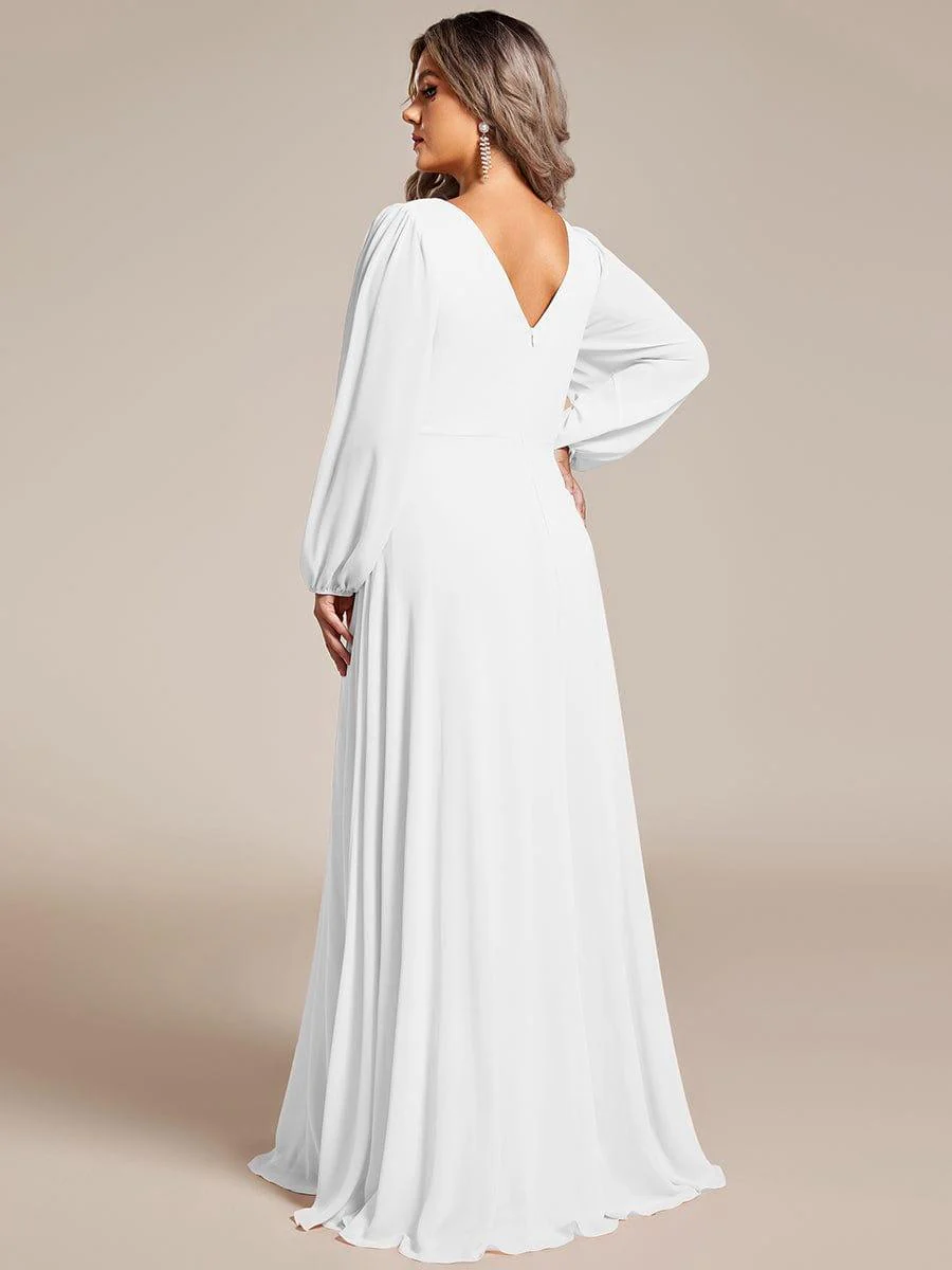 ever ESMÉE|Pleated Double V-Neck Long Sleeves Shiny Belt Chiffon Evening Dress - Image 63