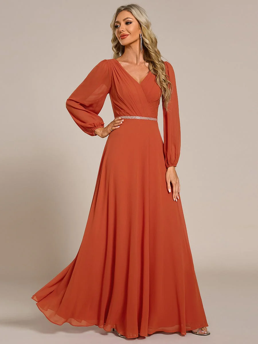 ever ESMÉE|Pleated Double V-Neck Long Sleeves Shiny Belt Chiffon Evening Dress - Image 65