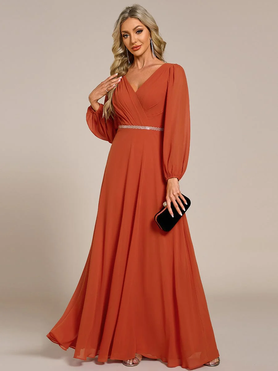 ever ESMÉE|Pleated Double V-Neck Long Sleeves Shiny Belt Chiffon Evening Dress - Image 68