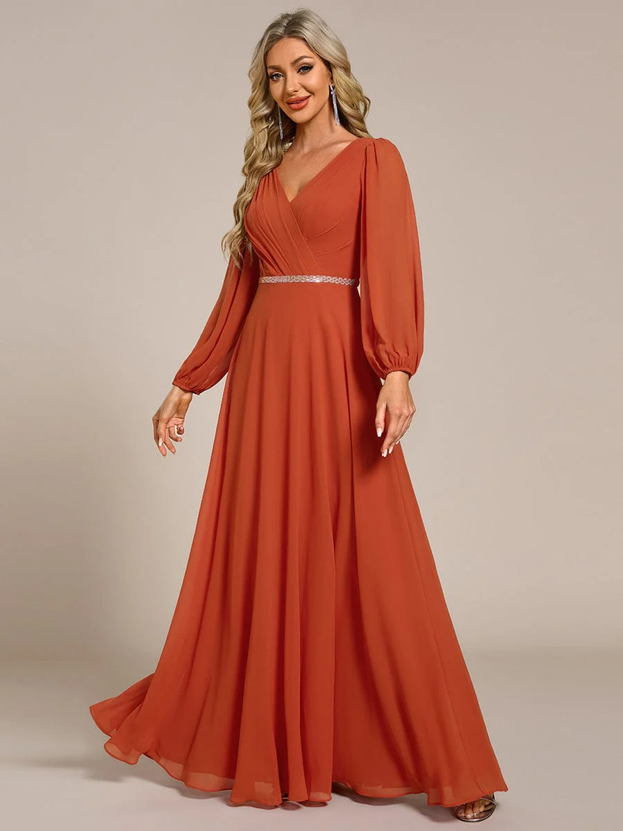 ever ESMÉE|Pleated Double V-Neck Long Sleeves Shiny Belt Chiffon Evening Dress - Image 69