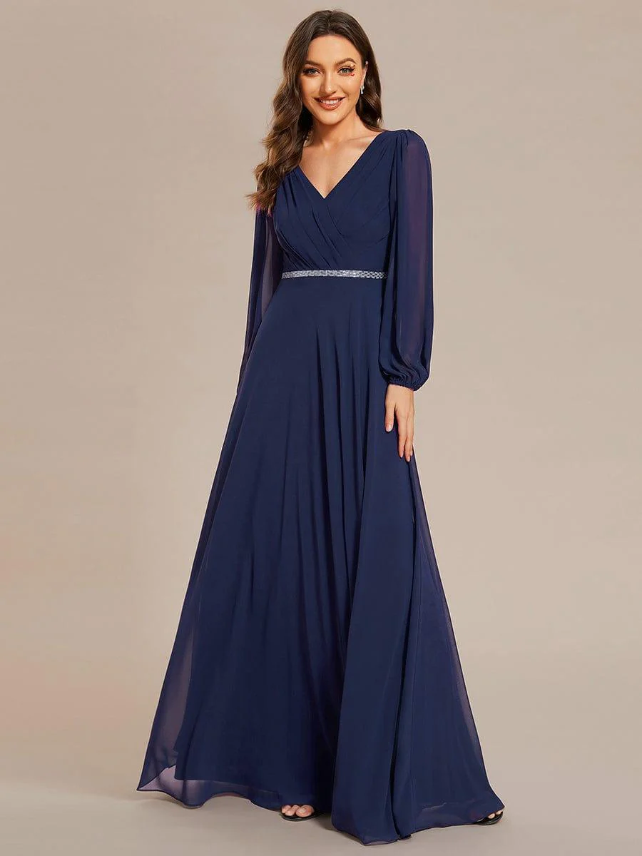 ever ESMÉE|Pleated Double V-Neck Long Sleeves Shiny Belt Chiffon Evening Dress - Image 7
