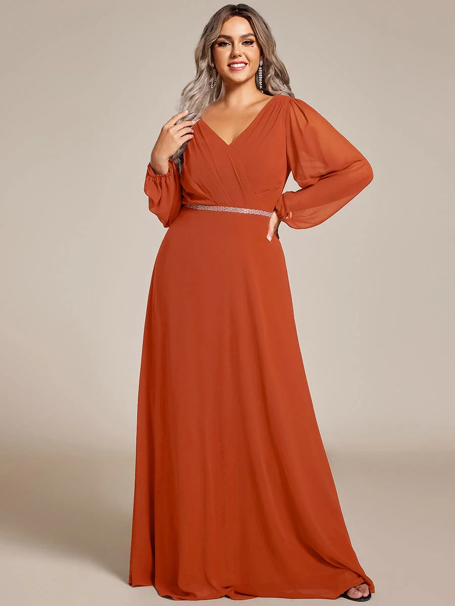 ever ESMÉE|Pleated Double V-Neck Long Sleeves Shiny Belt Chiffon Evening Dress - Image 70