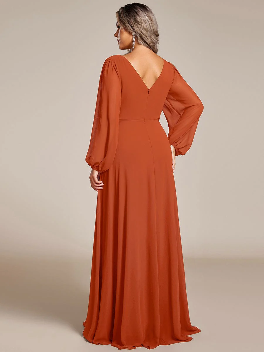 ever ESMÉE|Pleated Double V-Neck Long Sleeves Shiny Belt Chiffon Evening Dress - Image 71