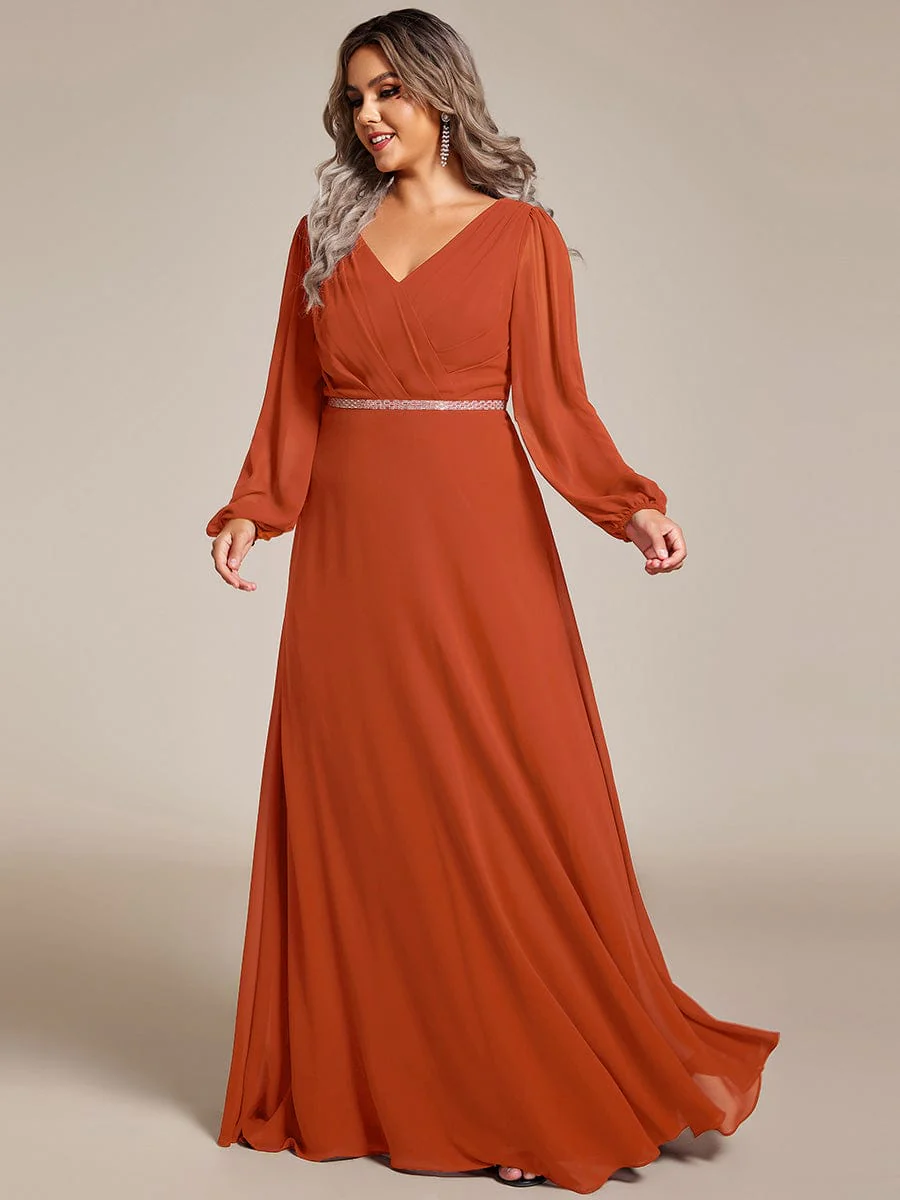 ever ESMÉE|Pleated Double V-Neck Long Sleeves Shiny Belt Chiffon Evening Dress - Image 73