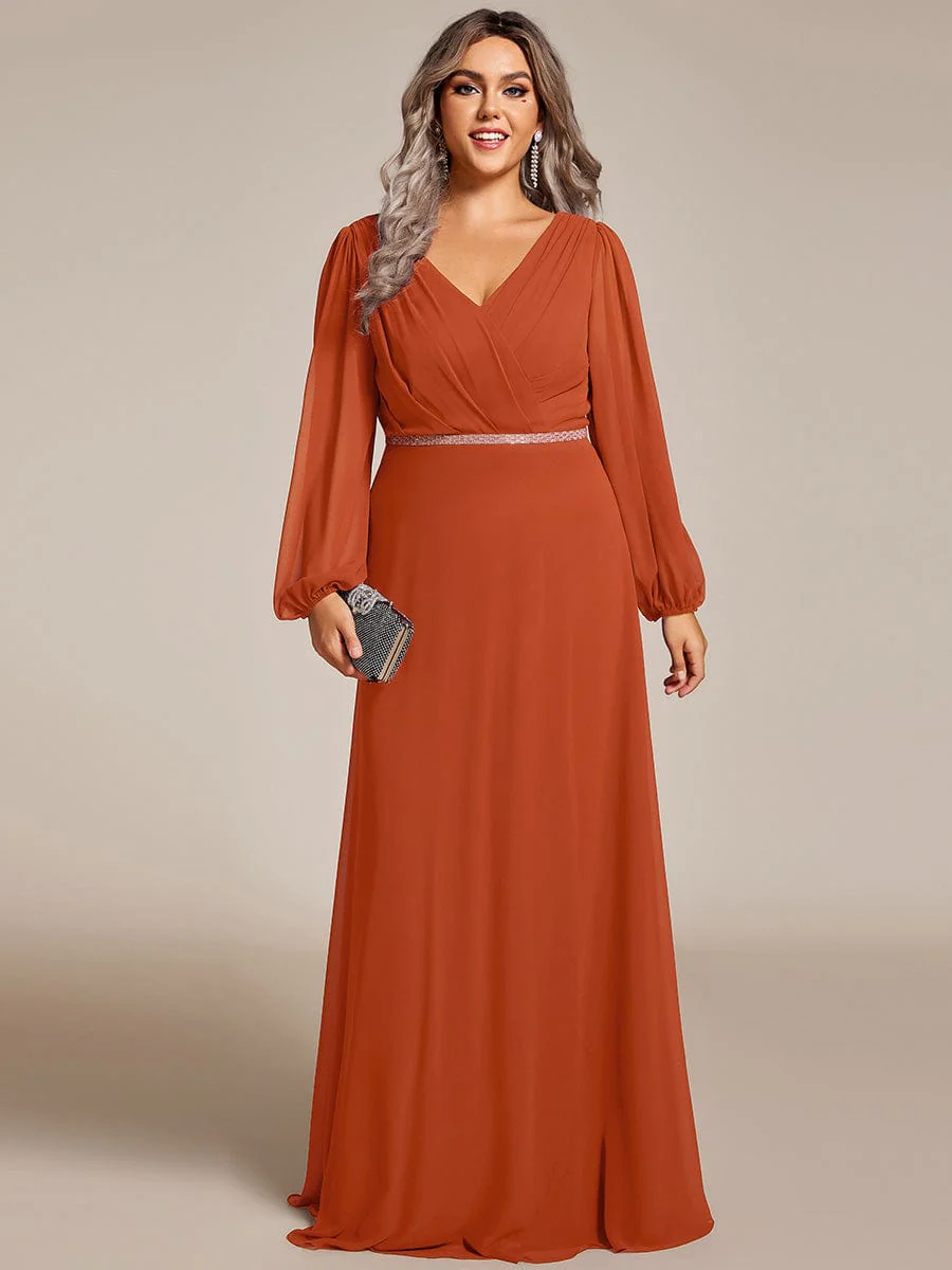 ever ESMÉE|Pleated Double V-Neck Long Sleeves Shiny Belt Chiffon Evening Dress - Image 74