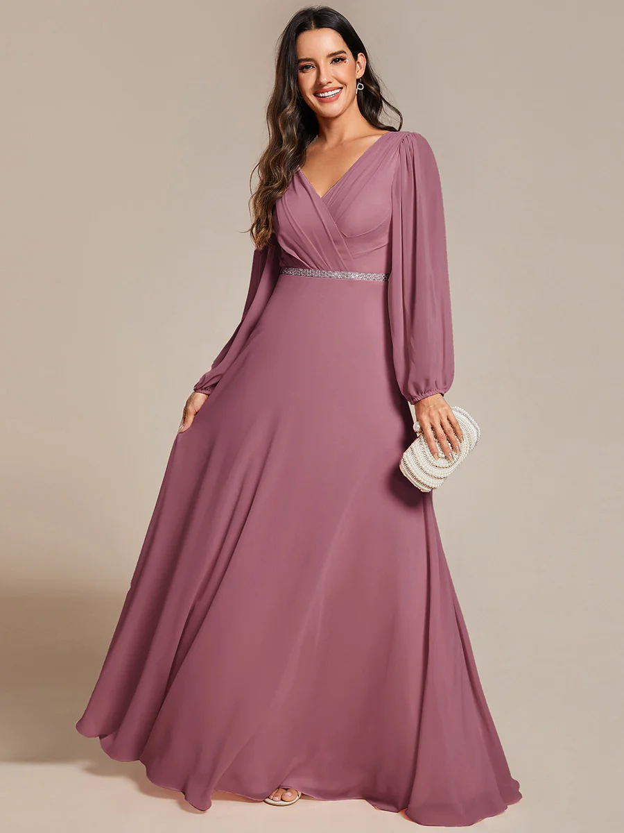 ever ESMÉE|Pleated Double V-Neck Long Sleeves Shiny Belt Chiffon Evening Dress - Image 75