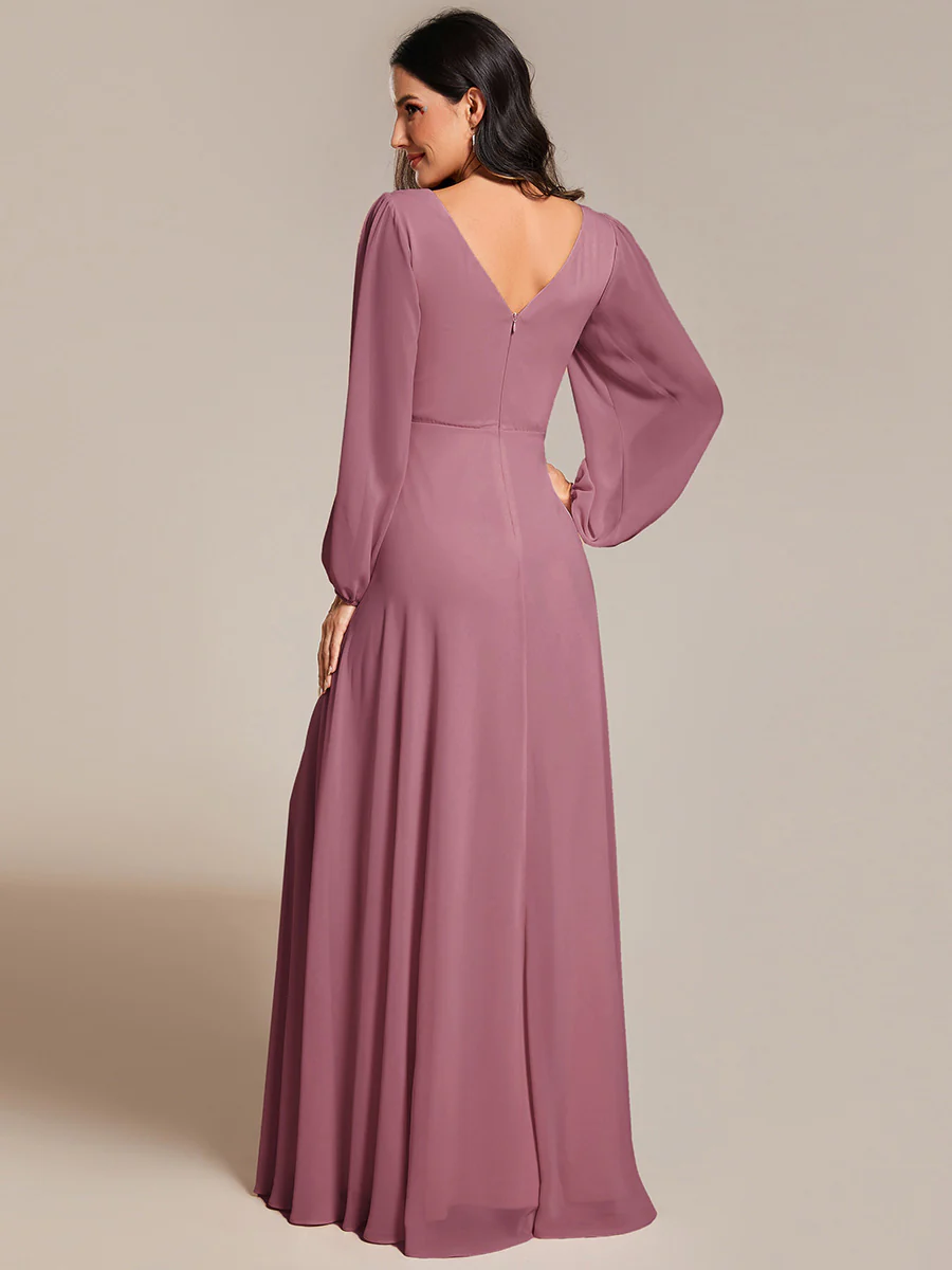 ever ESMÉE|Pleated Double V-Neck Long Sleeves Shiny Belt Chiffon Evening Dress - Image 76