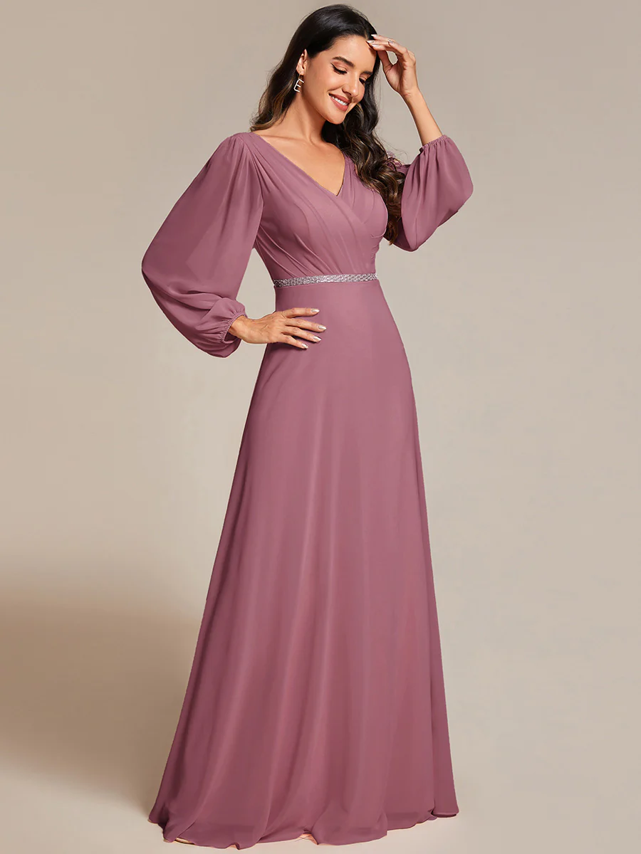 ever ESMÉE|Pleated Double V-Neck Long Sleeves Shiny Belt Chiffon Evening Dress - Image 78
