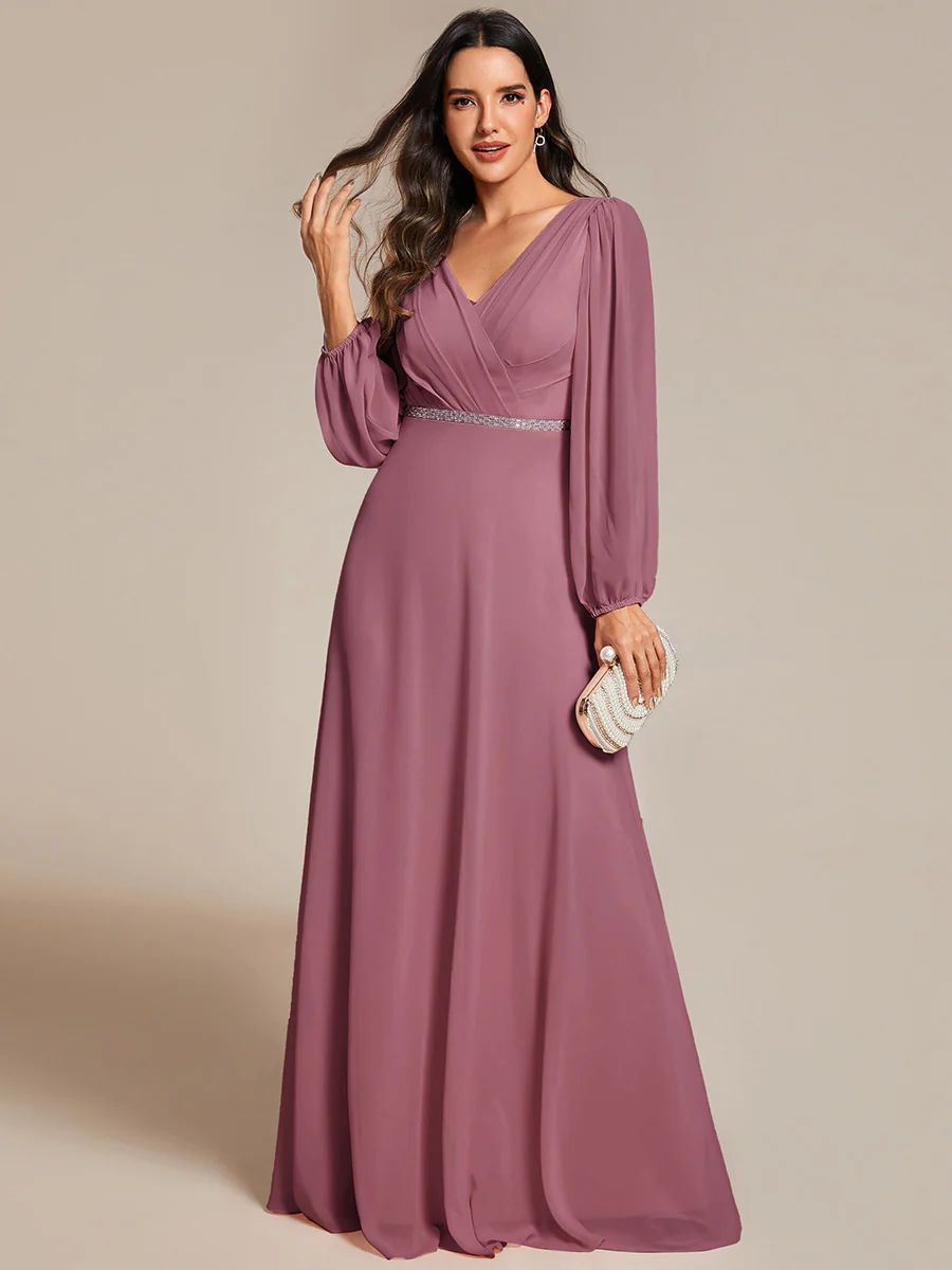 ever ESMÉE|Pleated Double V-Neck Long Sleeves Shiny Belt Chiffon Evening Dress - Image 79