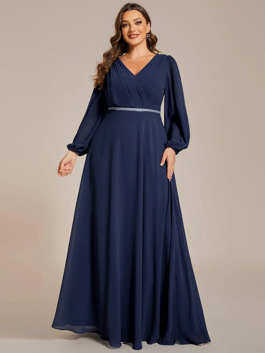 ever ESMÉE|Pleated Double V-Neck Long Sleeves Shiny Belt Chiffon Evening Dress - Image 8