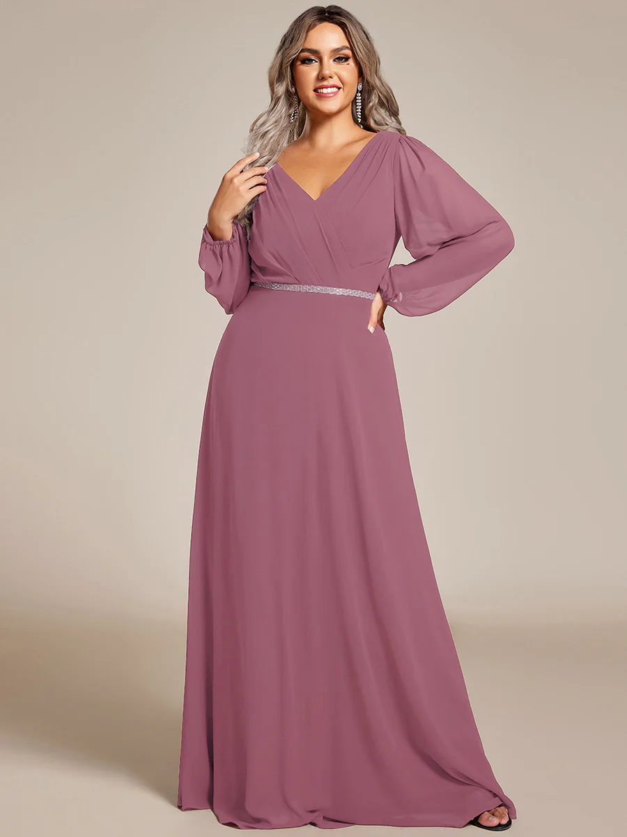 ever ESMÉE|Pleated Double V-Neck Long Sleeves Shiny Belt Chiffon Evening Dress - Image 80