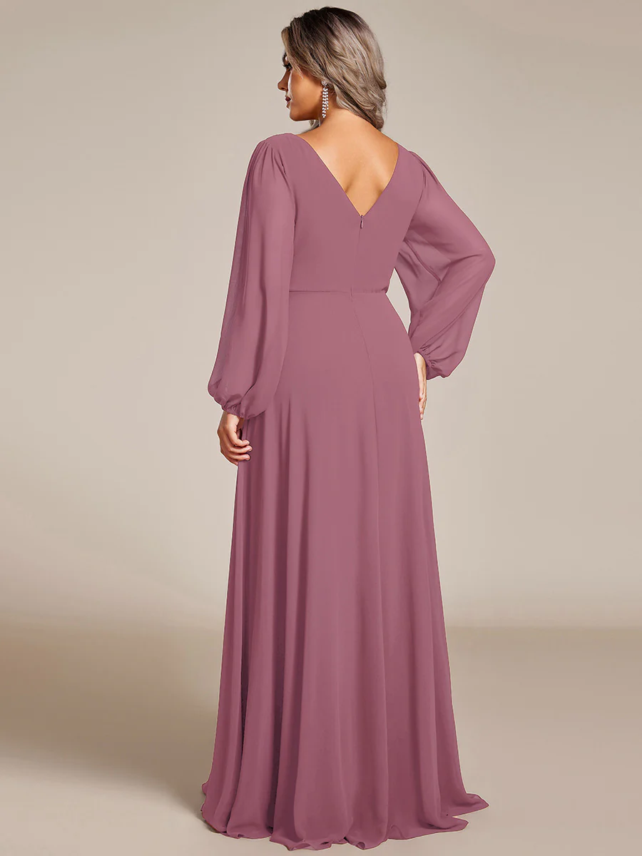 ever ESMÉE|Pleated Double V-Neck Long Sleeves Shiny Belt Chiffon Evening Dress - Image 81