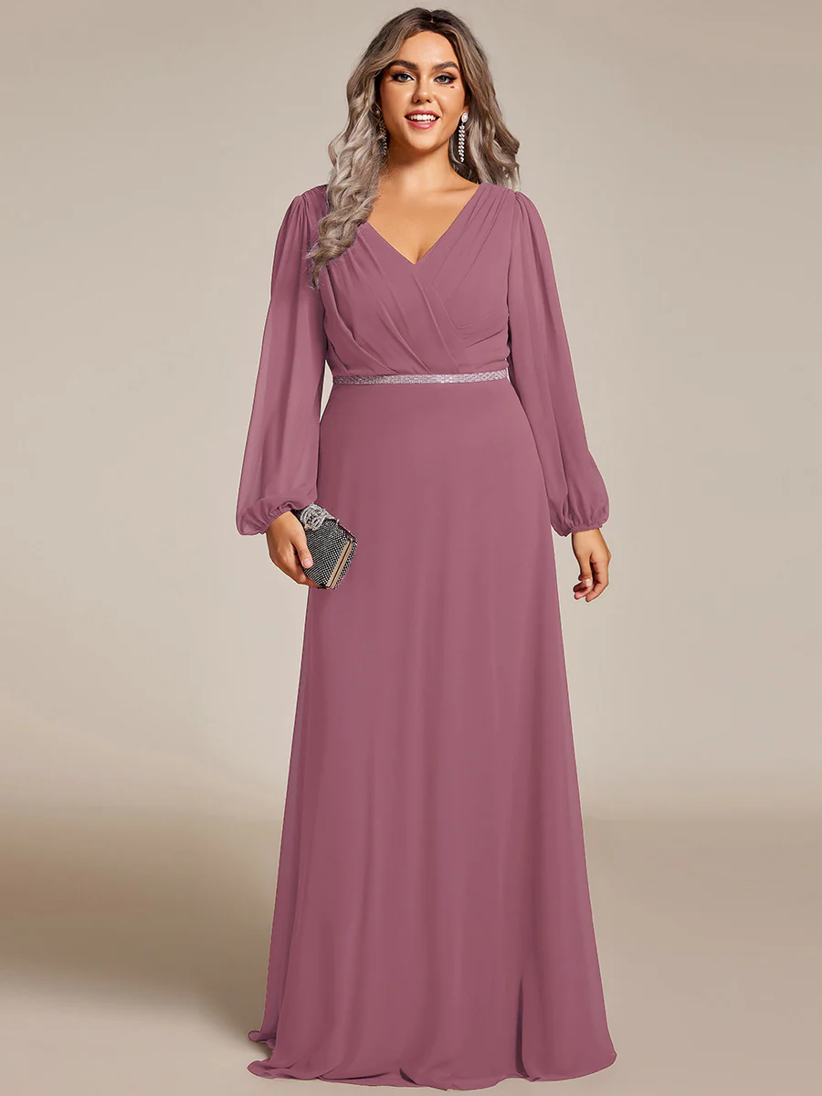 ever ESMÉE|Pleated Double V-Neck Long Sleeves Shiny Belt Chiffon Evening Dress - Image 83