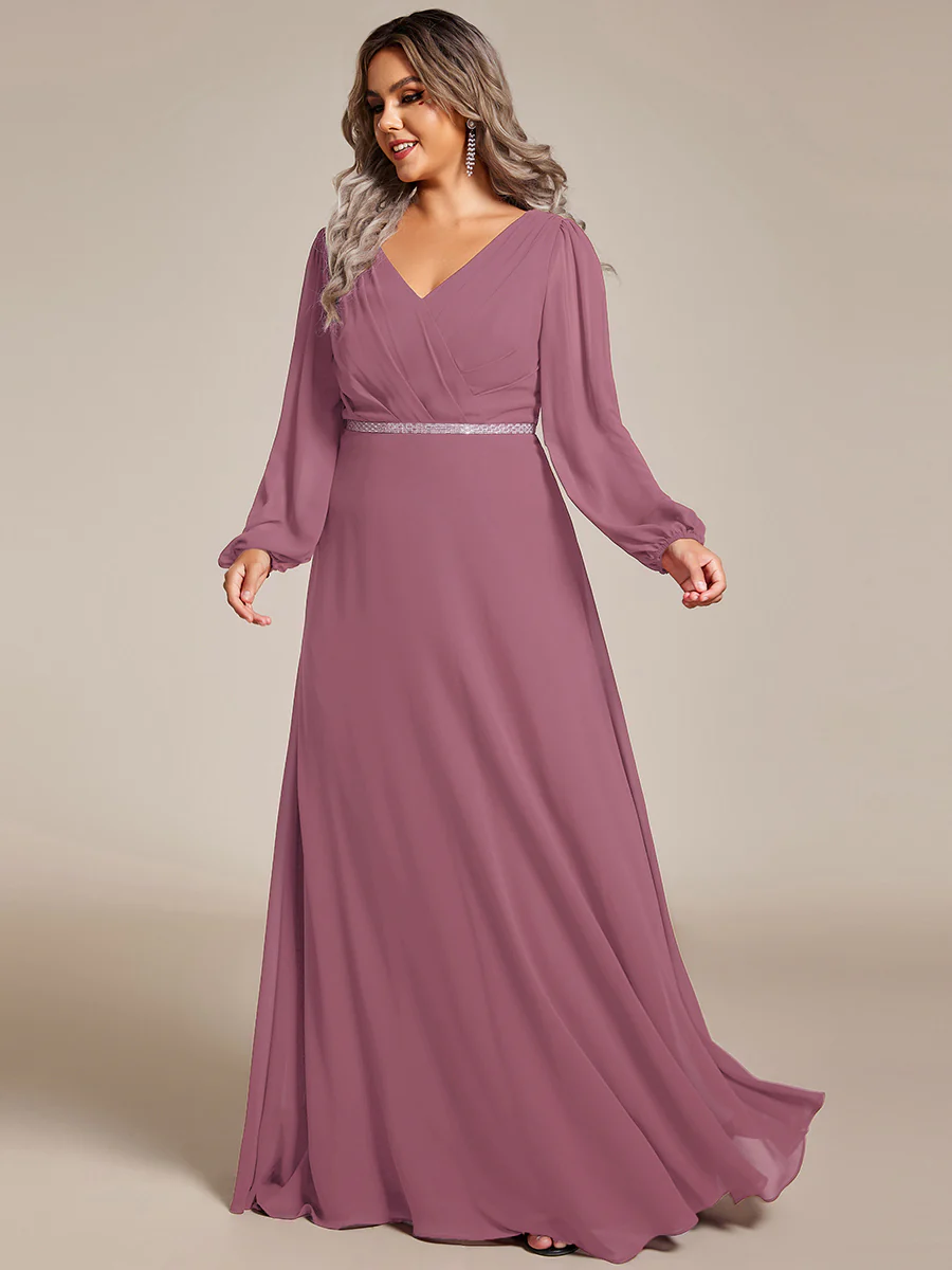 ever ESMÉE|Pleated Double V-Neck Long Sleeves Shiny Belt Chiffon Evening Dress - Image 84