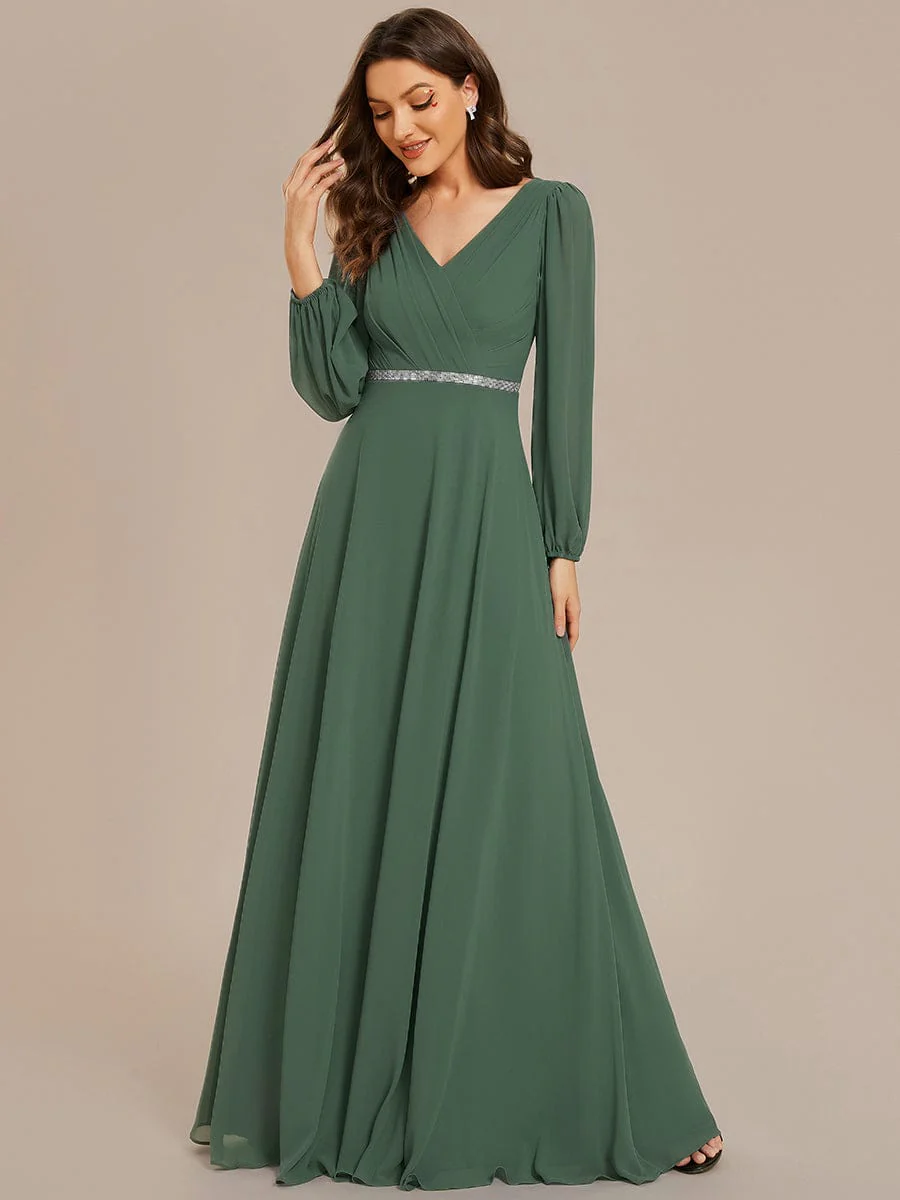 ever ESMÉE|Pleated Double V-Neck Long Sleeves Shiny Belt Chiffon Evening Dress - Image 85